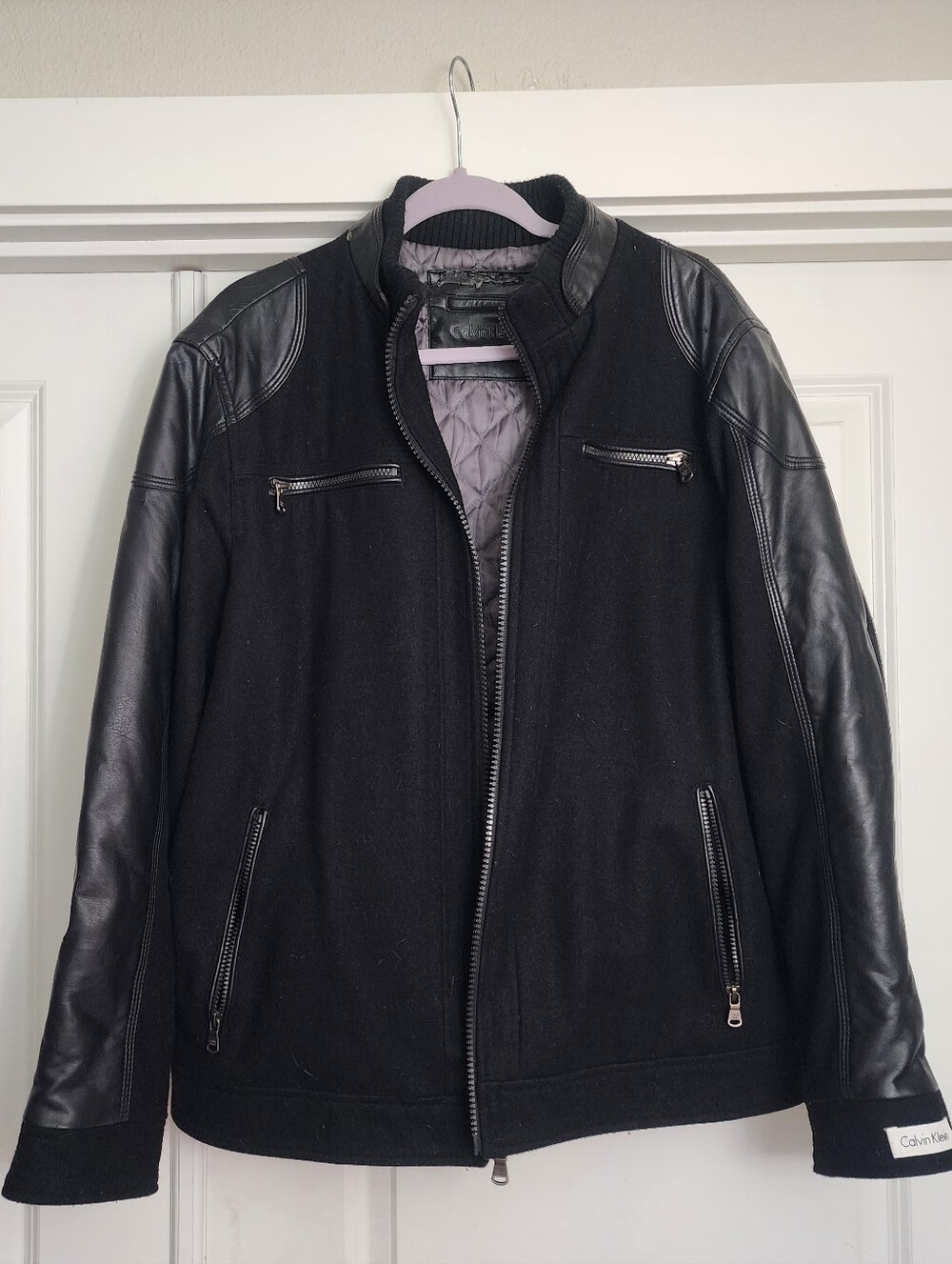 Calvin Klein Men's Black Wool Blend Mixed-Media Bomber Jacket